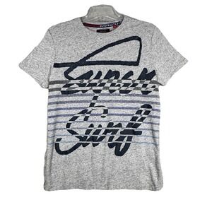 Superdry Shirt Mens Medium Gray Blue Stripe Super Surf Graphic Casual Streetwear